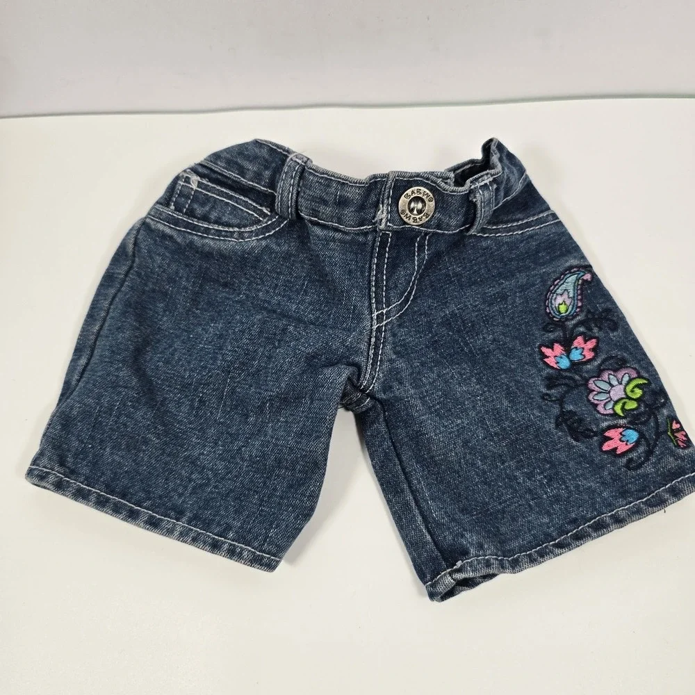 Build A Bear Jean Shorts Denim Elastic Waist Button Tail Hole Embroidery Paisley